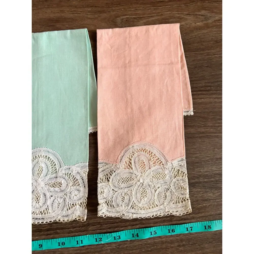 Antique Set of 3 Tape Lace Dinner Napkins Cotton Pastel Green Pink White 17